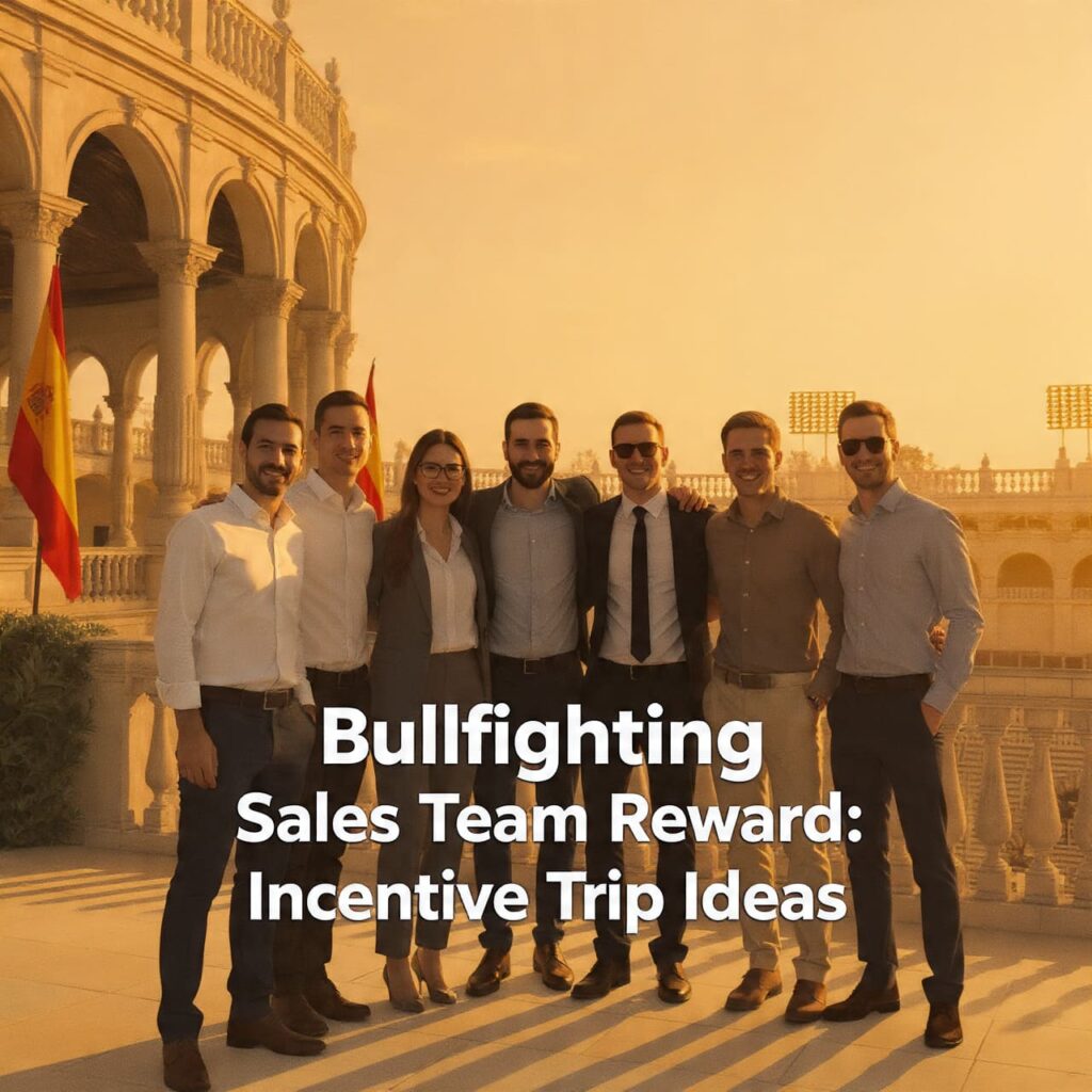 Square 1:1 corporate illustration, premium and professional visual style, successful bullfighting sales team celebrating together on a luxury incentive trip in Spain, elegant travel environment, upscale hotel terrace overlooking a historic bullring, warm golden sunset lighting, confident smiles, modern business-casual attire, cinematic composition, high detail, clean background, aspirational mood, subtle Spanish cultural elements (architecture, flags, arena curves), bold headline text centered and clearly readable: “Bullfighting Sales Team Reward: Incentive Trip Ideas”